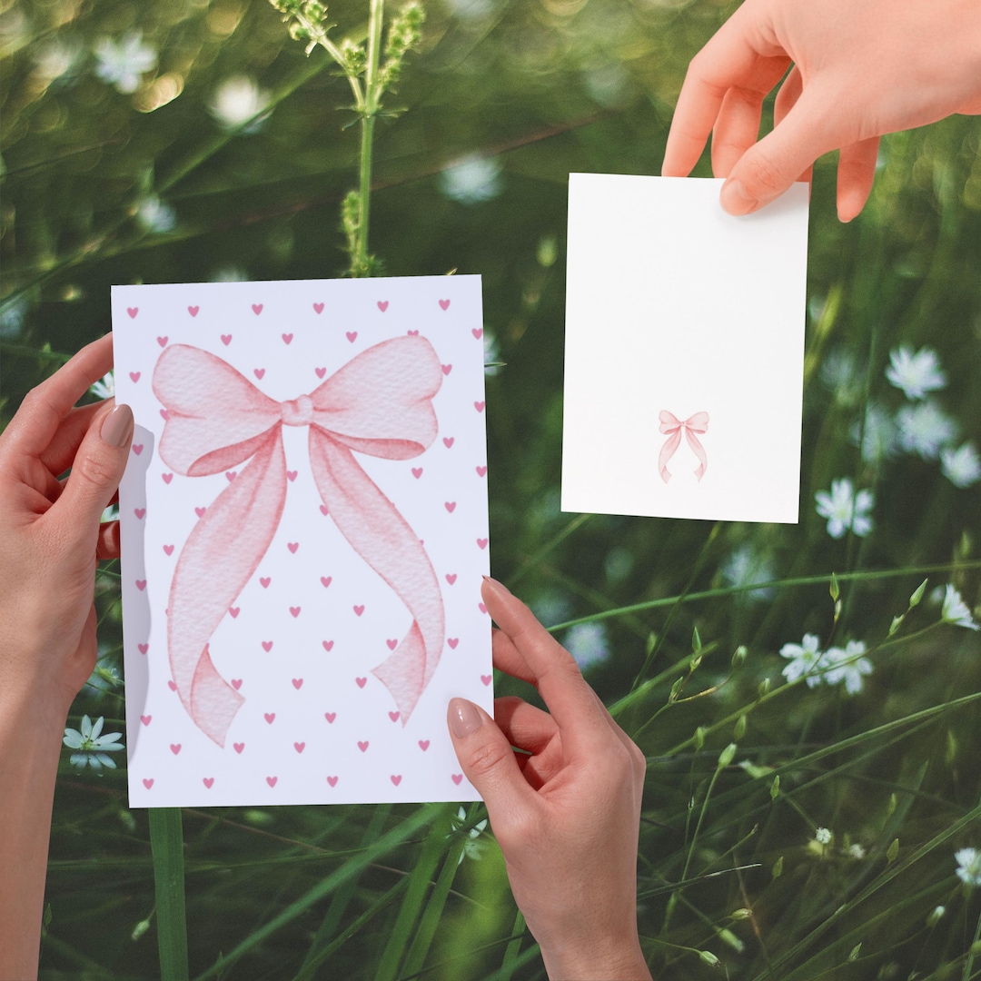 Pink Bow Card | Watercolor Hearts Greeting Card | Coquette Theme ...