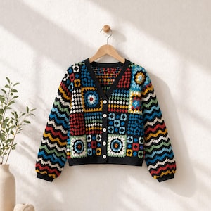 Pode incluir: Um cardigan colorido em estilo patchwork com decote em V e fecho de botões. O suéter apresenta uma variedade de padrões geométricos em tons de azul, vermelho, amarelo e preto. As mangas e a barra são pretas. O cardigan está pendurado num cabide de madeira.