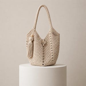 Peut inclure: Un sac fourre-tout en crochet beige avec une longue anse et une pampille décorative. Le sac présente un motif géométrique et un petit accent en cuir. Le sac est présenté sur un piédestal blanc.