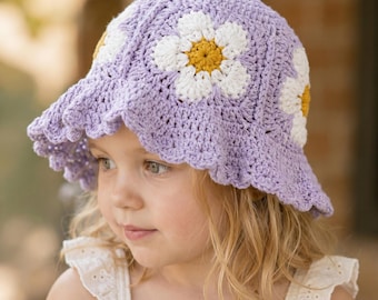 Patrón de gorro de sol a crochet / Gorro de verano para niña pequeña Daisy Grandma Square (Descarga en PDF)