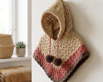 Patrón de poncho con capucha para niños a crochet, capa con punto de concha (descarga en PDF)