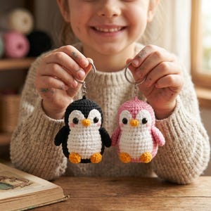 Può includere: Due portachiavi a forma di pinguino fatti a mano all'uncinetto. Uno è bianco e nero, l'altro rosa e bianco. Entrambi hanno becchi e zampe arancioni e sono tenuti da una persona. I portachiavi sono su anelli d'argento.