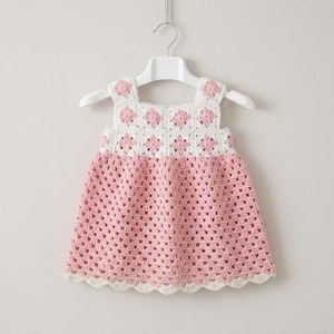 Op de afbeelding: Een handgemaakte, roze en witte gehaakte jurk voor een baby of peuter. De jurk heeft een vierkante halslijn en bandjes met bloemaccenten. De rok is effen roze met een geschulpte witte rand. De jurk hangt aan een witte hanger.