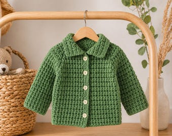 Patrón de chaqueta de ganchillo, cárdigan sin costuras tejido de arriba hacia abajo, punto de racimo, canesú rectangular.