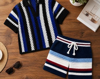 Patrón de camiseta de crochet con bloques de color y pantalones cortos a rayas (descarga en PDF)