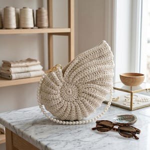 Puede incluir: Un bolso de mano de ganchillo color crema con forma de concha de nautilus. El bolso tiene una correa de perlas y un cierre dorado. Gafas de sol carey descansan sobre la superficie de mármol.