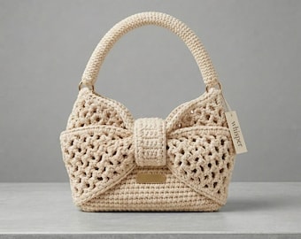 Bolso de ganchillo con lazo, bolso de malla, bolso de hilo de camiseta, monedero de muñeca (descarga en PDF)