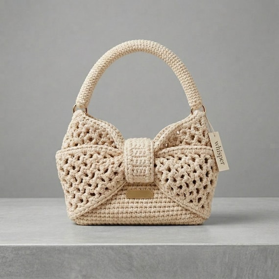 Crochet Bow Bag, Mesh Handbag, T Shirt Yarn Bag, Wristlet Purse PDF Download