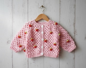 Patrón de cárdigan de bebé de fresa a crochet, suéter infantil con punto de abuela (PDF)