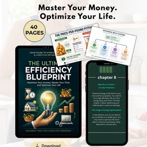Peut inclure: Publicité pour un guide financier intitulé "The Ultimate Efficiency Blueprint". L'image présente une tablette et un smartphone affichant du contenu, ainsi que des graphiques informatifs. Le texte indique "Master Your Money. Optimize Your Life."