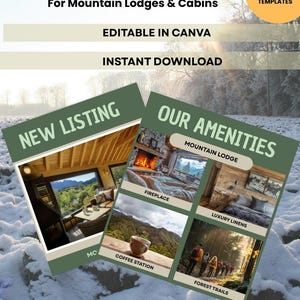 Puede incluir: Un paquete de marketing de Instagram para cabañas y refugios de montaña. La imagen presenta dos folletos con el texto "Nueva lista" y "Nuestras comodidades". Las comodidades incluyen chimenea, ropa de cama de lujo, estación de café y senderos forestales. El paquete incluye 7 plantillas profesionales.
