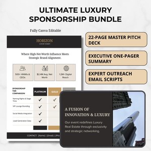 May include: A promotional graphic for a luxury sponsorship bundle. The design includes text that reads "Ultimate Luxury Sponsorship Bundle" and "Fully Canva Editable." The graphic also features a 22-page master pitch deck, an executive one-pager summary, and expert outreach email scripts.