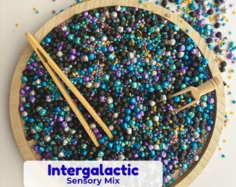 Galaxy Sensory Bin Filler, Intergalactic Space Play Sensory Mix for Toddlers, Metallic Blue and Purple Chickpeas, Montessori Science Toys