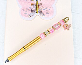 Butterfly Journal and Pen Set/Sparkle Butterfly Journal and Beaded Pen with Butterfly Charm Set/Gift Set/Refillable ink Pen and Journal Set