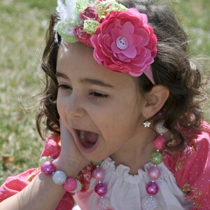 Girls Headband Necklace Bracelet 3 pc Set/Handmade flowers, Ostrich Feather and Vintage Buttons matching Chunky Bead Necklace and Bracelet