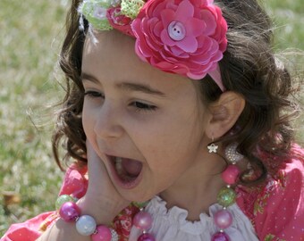 Girls Headband Necklace Bracelet 3 pc Set/Handmade flowers, Ostrich Feather and Vintage Buttons matching Chunky Bead Necklace and Bracelet