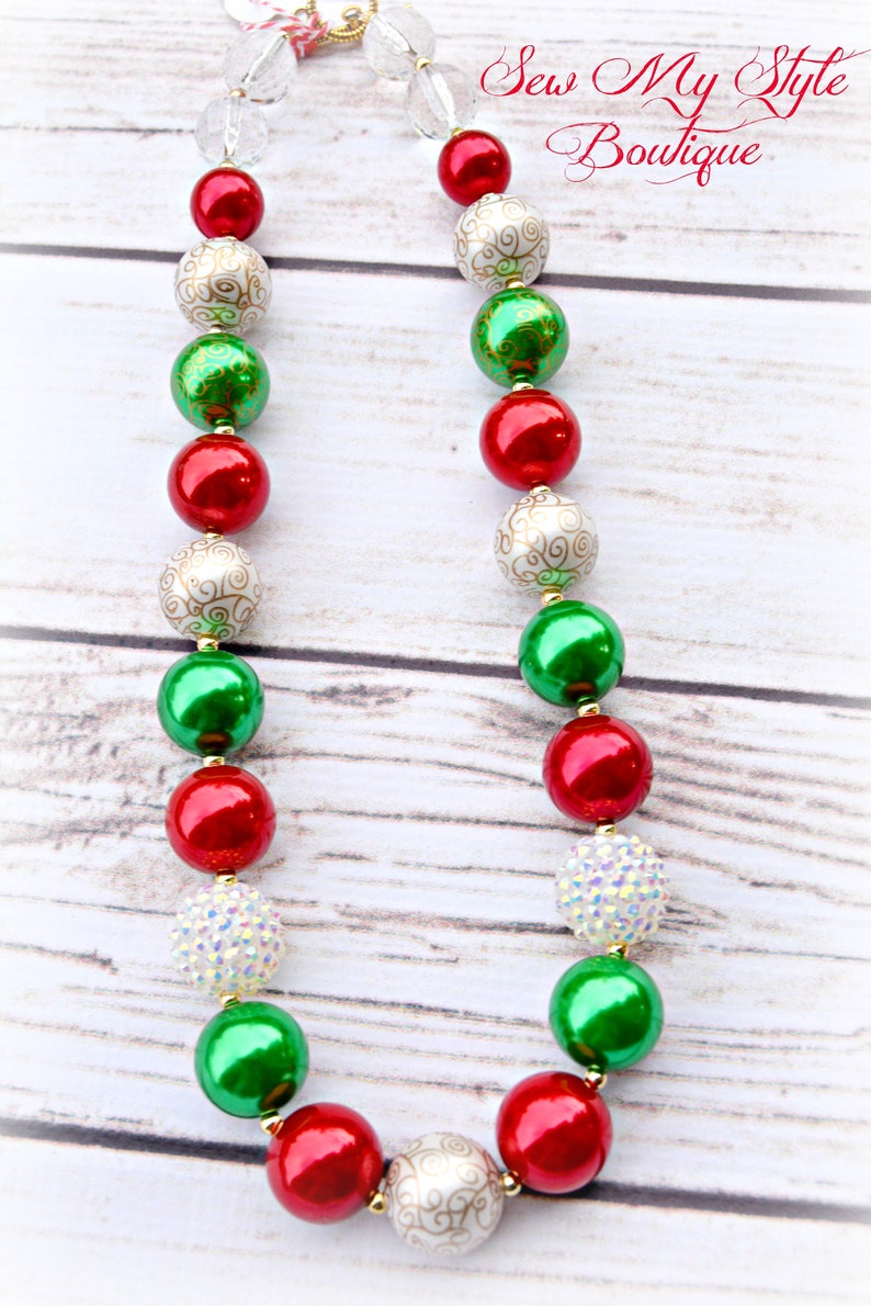 Greens and White and GoldPhoto PropChristmas NecklaceJewelry Christmas Chunky Bead NecklaceHoliday Bubblegum Bead NecklaceReds