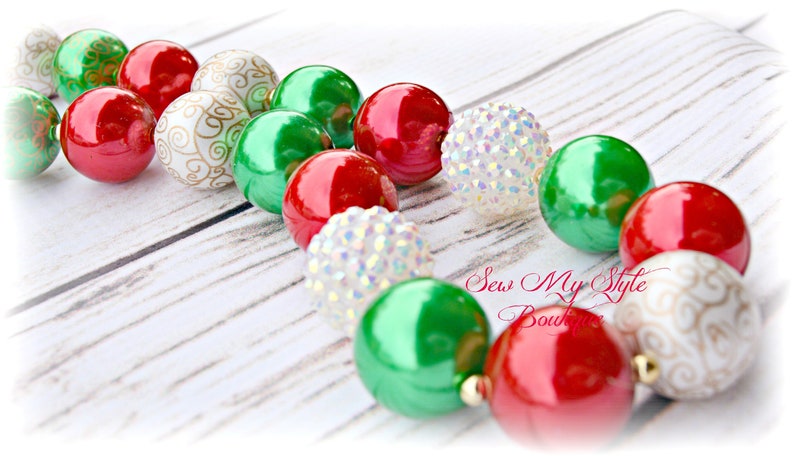 Greens and White and GoldPhoto PropChristmas NecklaceJewelry Christmas Chunky Bead NecklaceHoliday Bubblegum Bead NecklaceReds