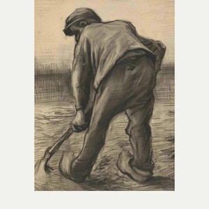 May include: A charcoal drawing of a person working in a field, bent over with a tool. The figure is wearing a hat and work clothes. The artist's name, VAN GOGH, is printed in a serif font at the bottom of the image.