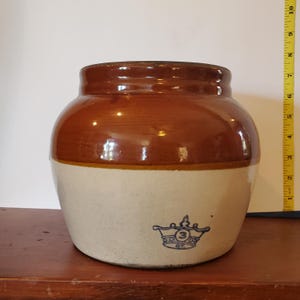 Vintage Two-Toned Stoneware Bean Pot with Lid, Blue Crown Mark