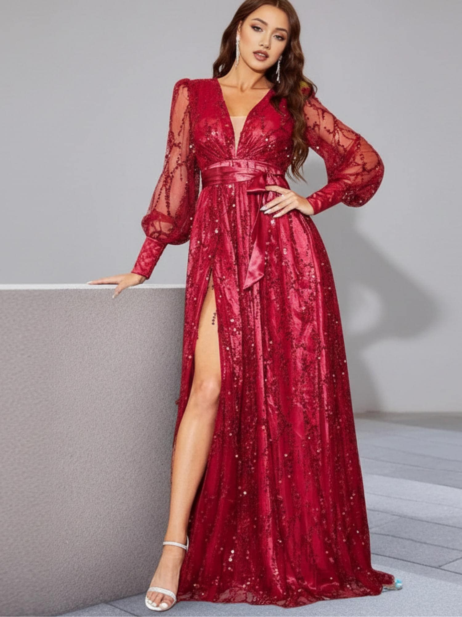 Sequin V Neck Evening Gown