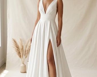 Satijnen A-lijn trouwjurk met zakken Zijsplit Minimalistische bruidsjurk Vloerlengte Custom elegante bruidjurk
