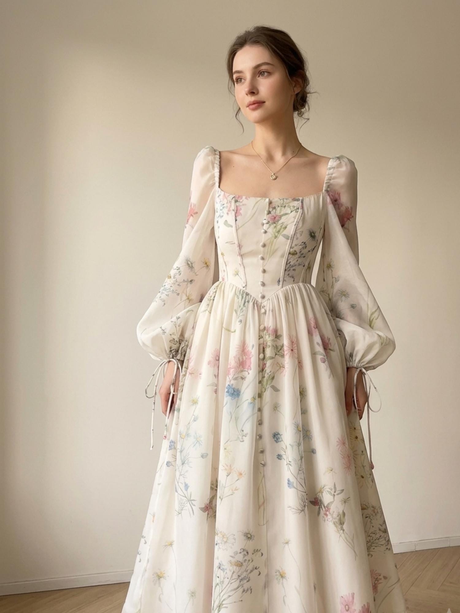 French Floral Chiffon Midi Dress