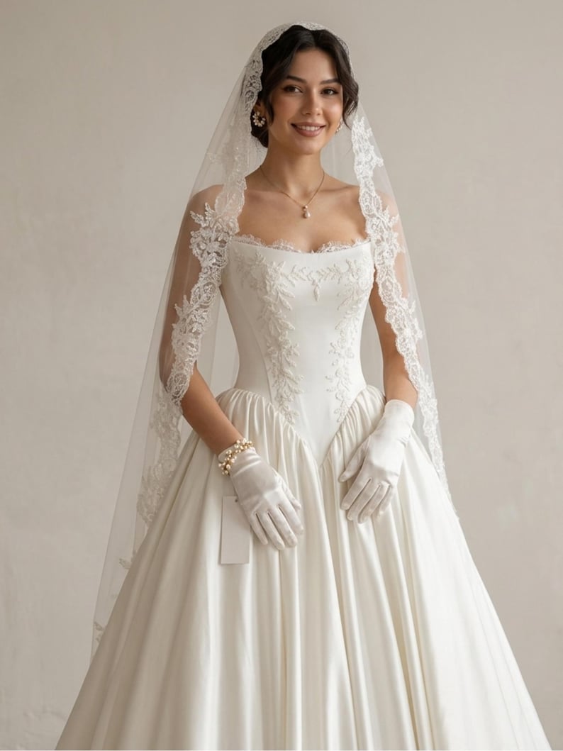 Op de afbeelding: Een witte trouwjurk met een vierkante halslijn, voorzien van gedetailleerd bloemenborduursel op het lijfje en een volle satijnen rok. De set bevat een lange, doorschijnende sluier met kanten rand, witte satijnen handschoenen, een parelketting en pareloorbellen.