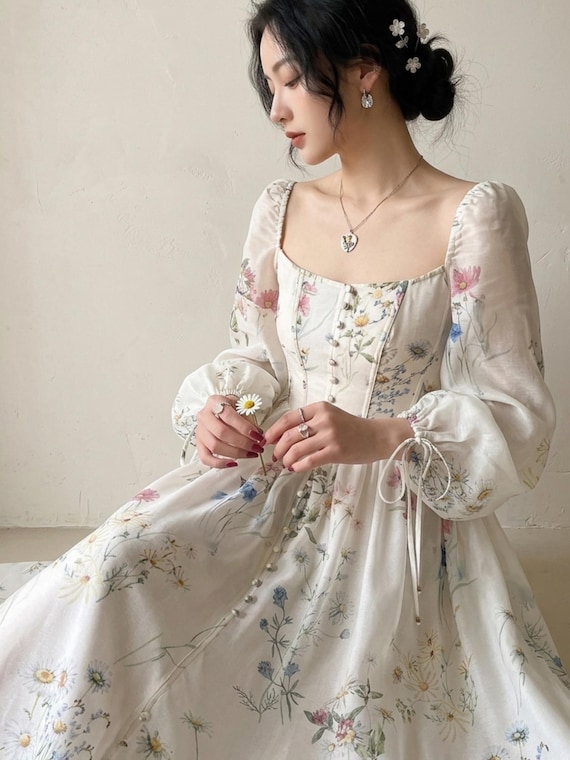 French Floral Chiffon Midi Dress Women Long Sleeve Summer Dress Elegant Wedding Guest Party Outfit