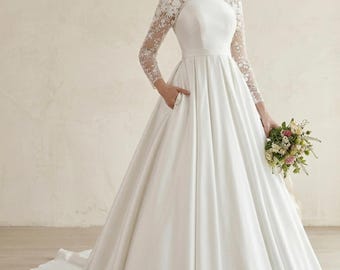 Dubai Bescheiden Trouwjurk Kant Lange Mouwen Satijnen Bruidsjurk Met Riem Elegante Custom Trouwjurk Dames