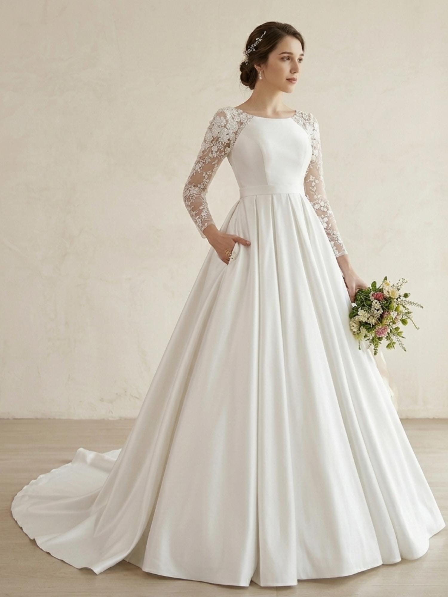 long sleeve modest bridal dress uk Modest A-line Square Neck Wedding Dress Edita with Long Chiffon Sleeves 4 US (36 EU) / Ivory