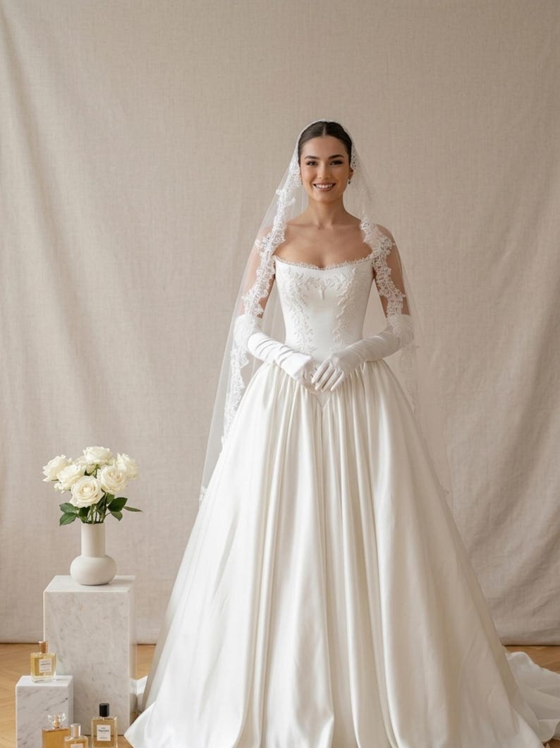 Aangepaste satijnen a-lijn trouwjurk strapless bruidsjurk mouwloze hofsleep elegante bruidjurk afbeelding 4