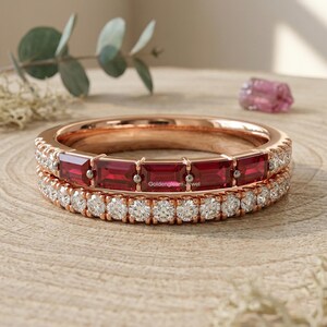 Ruby Baguette & Colorless Round Cut Moissanite Half Eternity Ring In 18K Gold Vermeil, Stackable Wedding Band, Customized Birthstone Ring