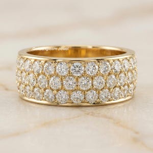Round Cut Moissanite Triple Row Full Eternity Stackable Ring, Micro Pave Diamond Wide Band, Cigar Wedding Band In 14K Gold, Engagement Ring
