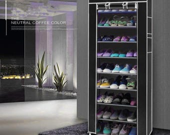10 Tier Black Fabric Shoe Rack | Space-Saving Tall Narrow Shoe Organizer