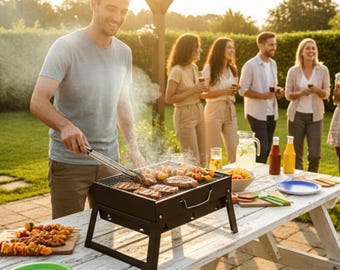 Barbacoa portátil de carbón con patas plegables, de acero compacto, ideal para camping, playa y picnic.
