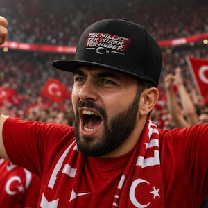 Könnte beinhalten: Eine schwarze Baseballkappe mit dem weißen Text TEK MILLET TEK YÜREK TEK HEDEF und einem Halbmond- und Sternsymbol. Die Kappe hat einen flachen Schirm und wird zusammen mit einem roten T-Shirt und einem rot-weißen Schal mit Halbmond getragen.