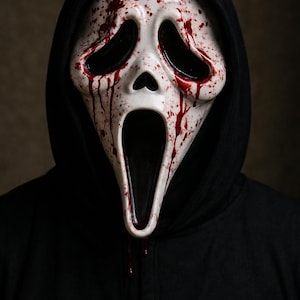 Máscara coleccionable personalizada de Ghost Face, utilería de la película Scream, diseño de ojo sangrante hecho a mano.