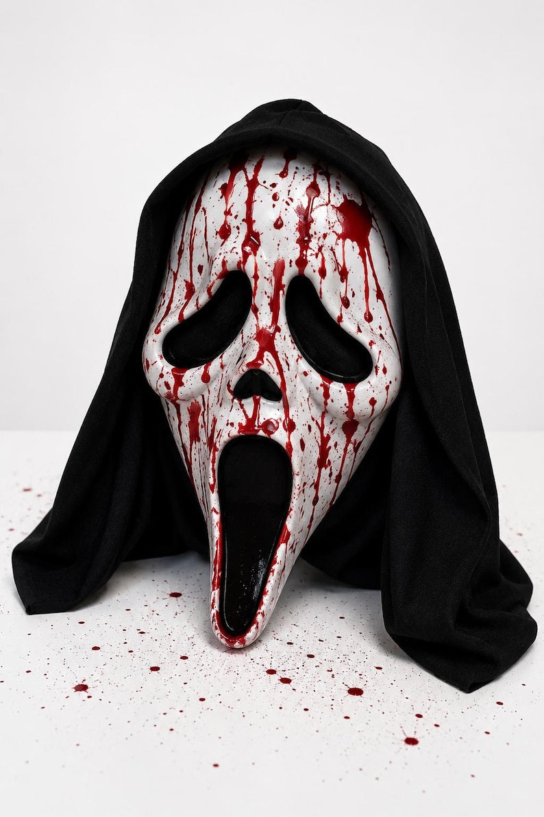 May include: A white plastic ghost mask featuring a long, distorted face with large black eye sockets and an elongated open mouth. The mask is covered in red paint splatters resembling blood and is attached to a black fabric hood that drapes down.