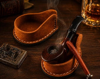 Soporte de cuero para pipa, reposapipas de tabaco, soporte para pipa de piel de vaca hecho a mano, accesorios para fumadores, regalo vintage para fumadores.