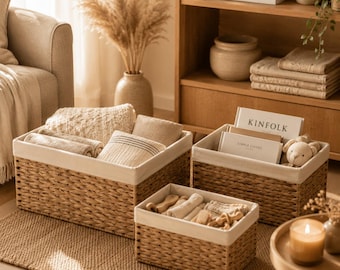 Cestas de almacenamiento tejidas, organizador de estantes estilo boho, conjunto de decoración para el hogar Japandi