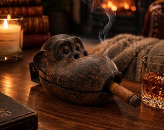 Cenicero rústico con forma de mono para fumadores de puros / Incensario único con forma de cabeza de mono / Soporte vintage para puros / Decoración para la cueva del hombre