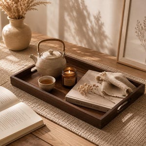 Könnte beinhalten: Ein dunkelbraunes Serviertablett aus Holz mit Griffen enthält eine Teekanne, eine Teetasse, eine Kerze, ein Buch und eine gefaltete Leinen-Serviette. Eine beige Vase mit getrocknetem Weizen und ein gerahmter botanischer Druck befinden sich im Hintergrund.