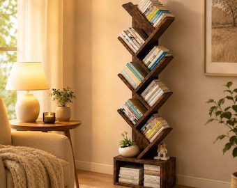 Estantería con forma de árbol, librería rústica de madera, organizador de pie que ahorra espacio