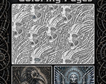 50 páginas para colorear biomecánicas oscuras / Arte gótico surrealista de ciencia ficción (descarga en PDF)
