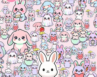 Paquete de papeles digitales Kawaii Bunny / Patrones sin costuras, papel para álbumes de recortes (30 x 30 cm, uso comercial)