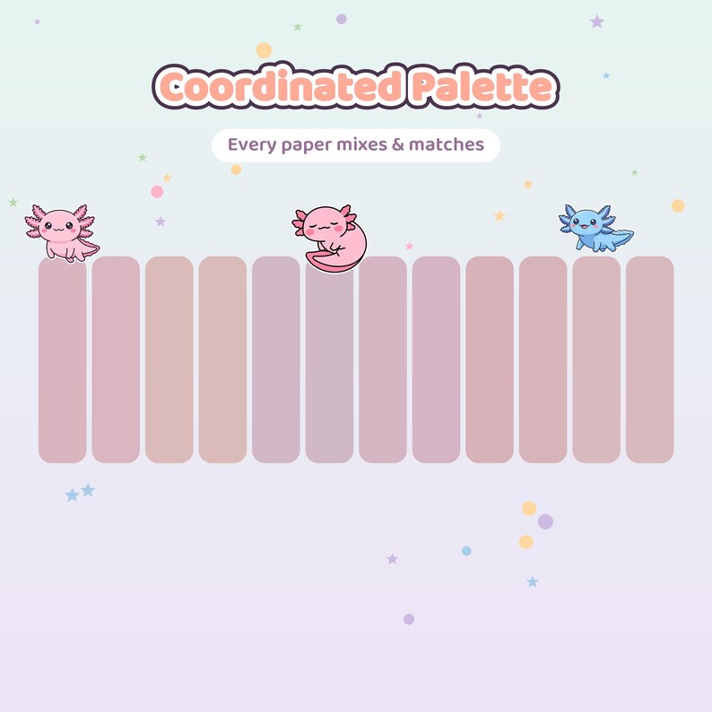 Op de afbeelding: Een digitale afbeelding met de titel Coordinated Palette en de tekst Every paper mixes & matches. Het bevat elf verticale rechthoekige stalen in roze en mauve tinten, versierd met drie getekende axolotls in roze en blauw.