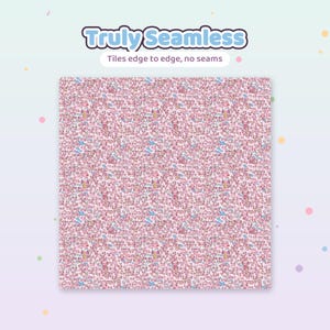 Op de afbeelding: Een vierkant digitaal patroon met een herhalend motief van roze axolotls, kleine blauwe sterren en witte melkpakken op een lichtroze achtergrond. De tekst Truly Seamless en Tiles edge to edge, no seams staat boven de vierkante afbeelding.