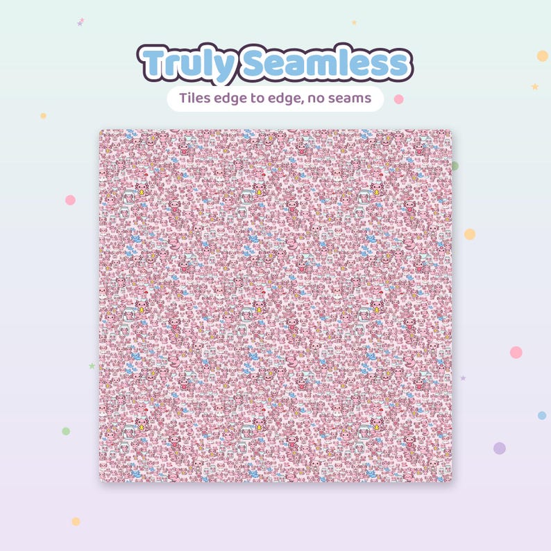 Op de afbeelding: Een vierkant digitaal patroon met een herhalend motief van roze axolotls, kleine blauwe sterren en witte melkpakken op een lichtroze achtergrond. De tekst Truly Seamless en Tiles edge to edge, no seams staat boven de vierkante afbeelding.