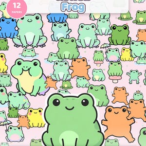 Naadloze digitale papieren kawaii kikker (12 ontwerpen) afbeelding 1